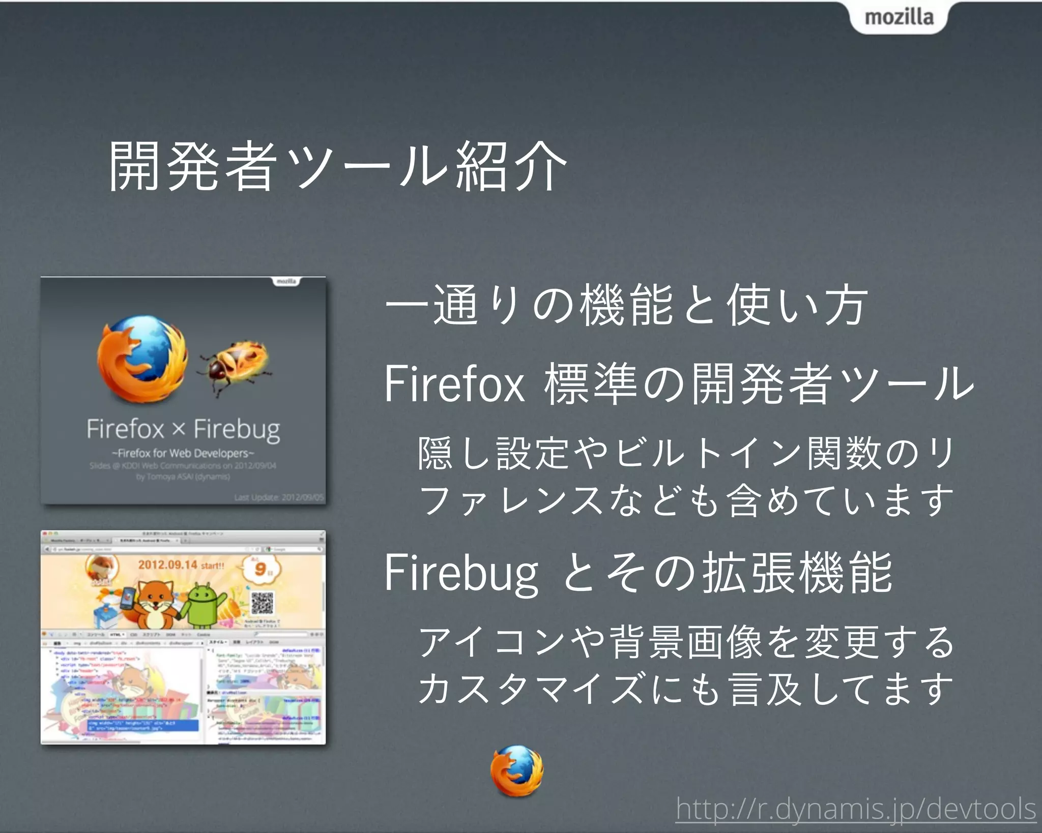 開発者ツール紹介

    一通りの機能と使い方
    Firefox 標準の開発者ツール
     隠し設定やビルトイン関数のリ
     ファレンスなども含めています
    Firebug とその拡張機能
     アイコンや背景画像を変更する
     カスタマイズにも言及してます

            http://r.dynamis.jp/devtools
 