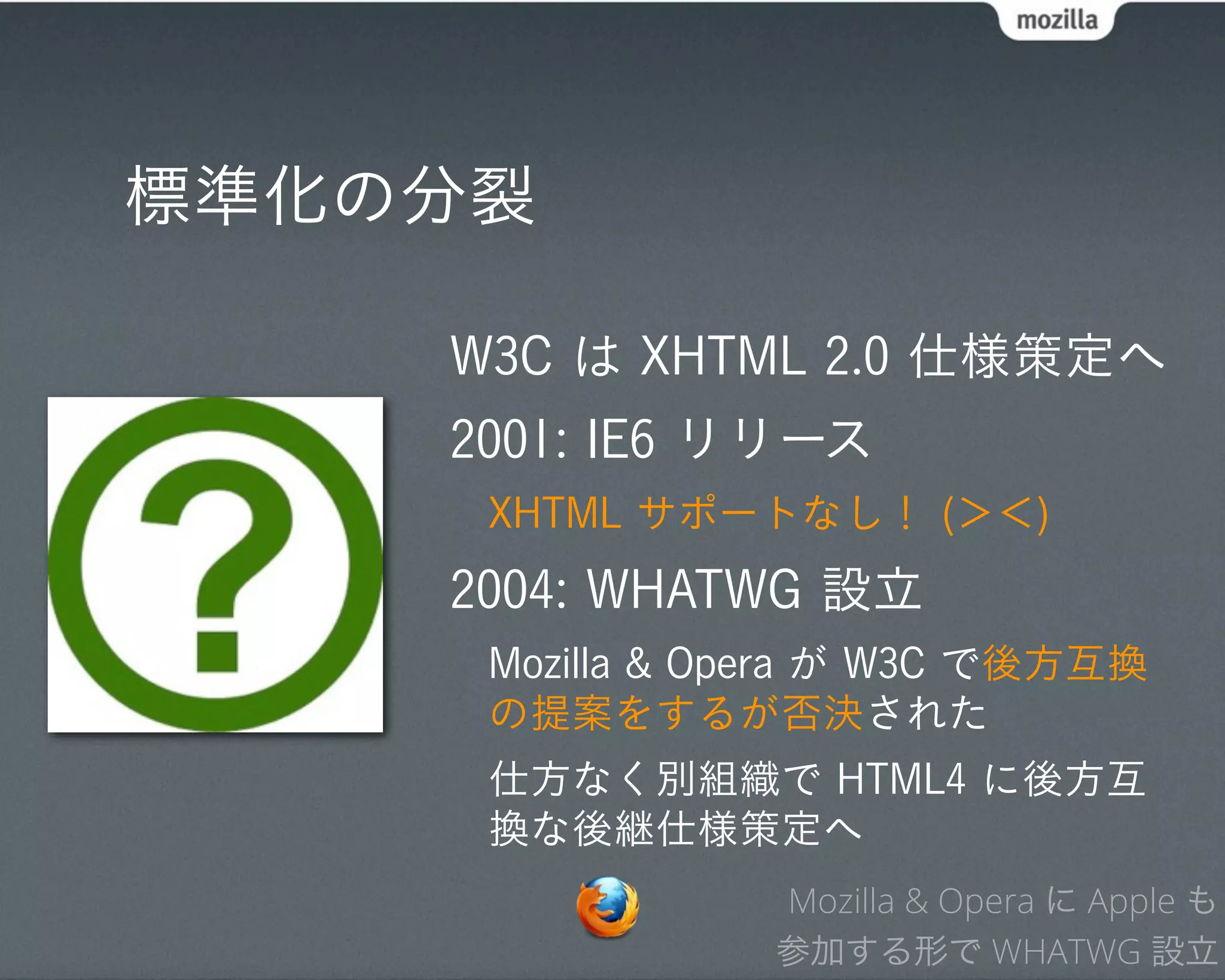 標準化の分裂

    W3C は XHTML 2.0 仕様策定へ
    2001: IE6 リリース
     XHTML サポートなし！ (＞＜)
    2004: WHATWG 設立
     Mozilla & Opera が W3C で後方互換
     の提案をするが否決された
     仕方なく別組織で HTML4 に後方互
     換な後継仕様策定へ
                Mozilla & Opera に Apple も
                参加する形で WHATWG 設立
 