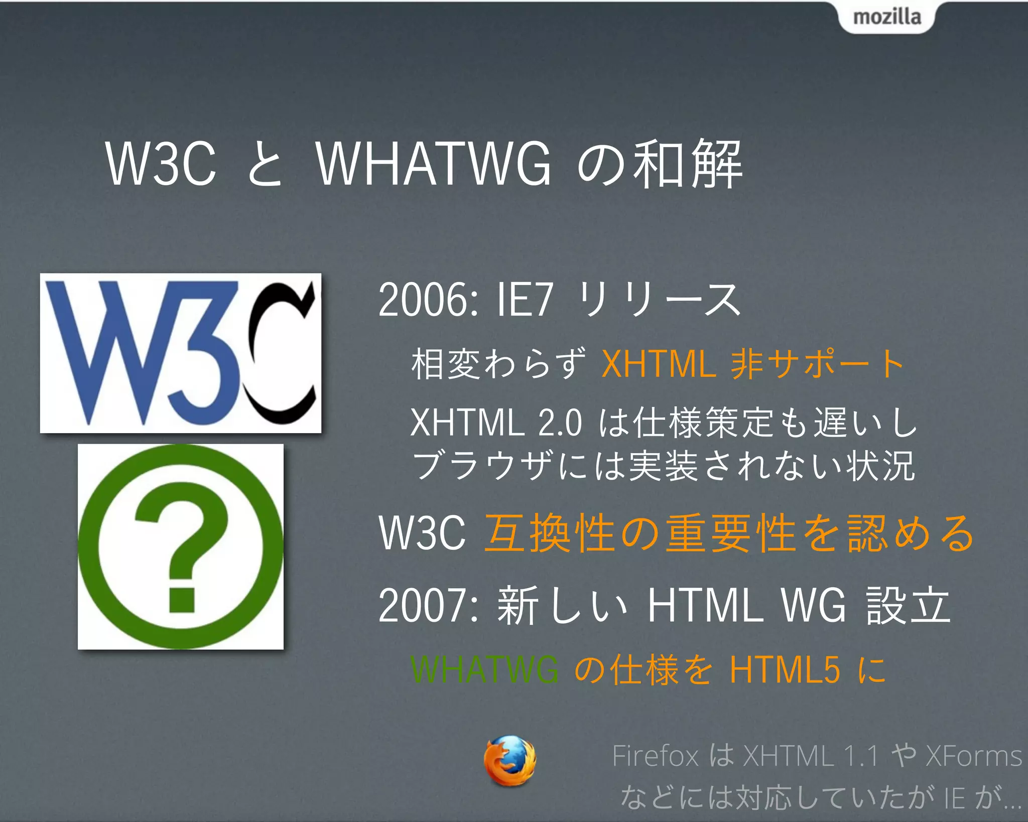 W3C と WHATWG の和解

      2006: IE7 リリース
       相変わらず XHTML 非サポート
       XHTML 2.0 は仕様策定も遅いし
       ブラウザには実装されない状況
      W3C 互換性の重要性を認める
      2007: 新しい HTML WG 設立
       WHATWG の仕様を HTML5 に

              Firefox は XHTML 1.1 や XForms
               などには対応していたが IE が...
 