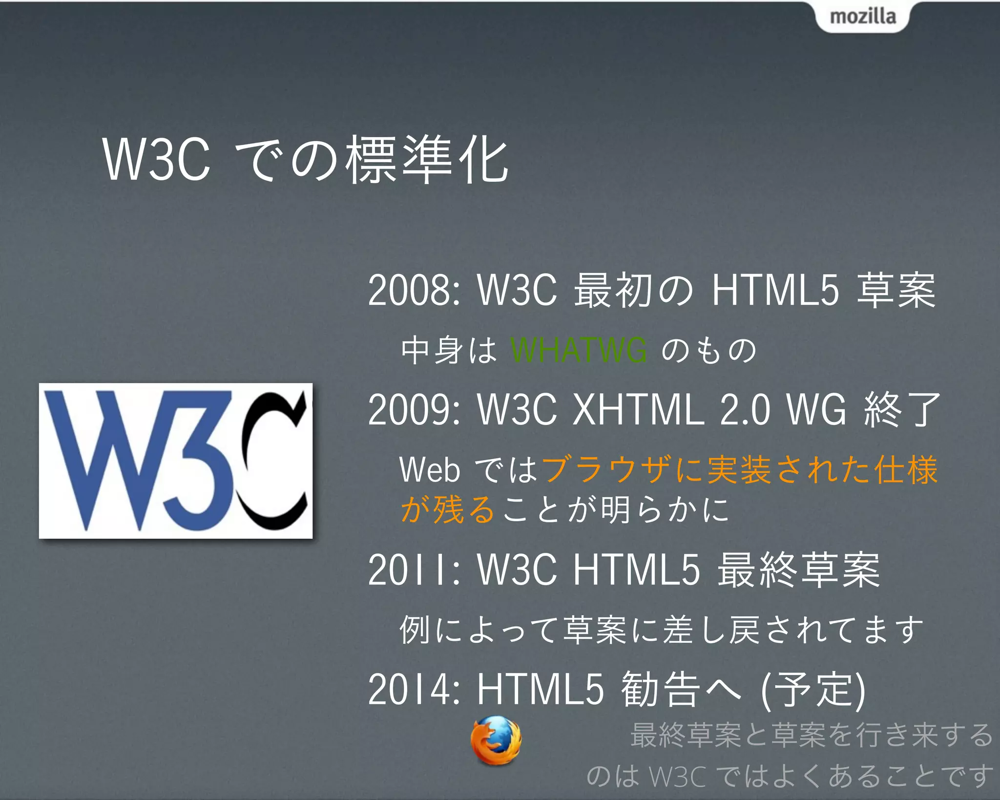 W3C での標準化

     2008: W3C 最初の HTML5 草案
      中身は WHATWG のもの
     2009: W3C XHTML 2.0 WG 終了
      Web ではブラウザに実装された仕様
      が残ることが明らかに
     2011: W3C HTML5 最終草案
      例によって草案に差し戻されてます
     2014: HTML5 勧告へ (予定)
                最終草案と草案を行き来する
              のは W3C ではよくあることです
 