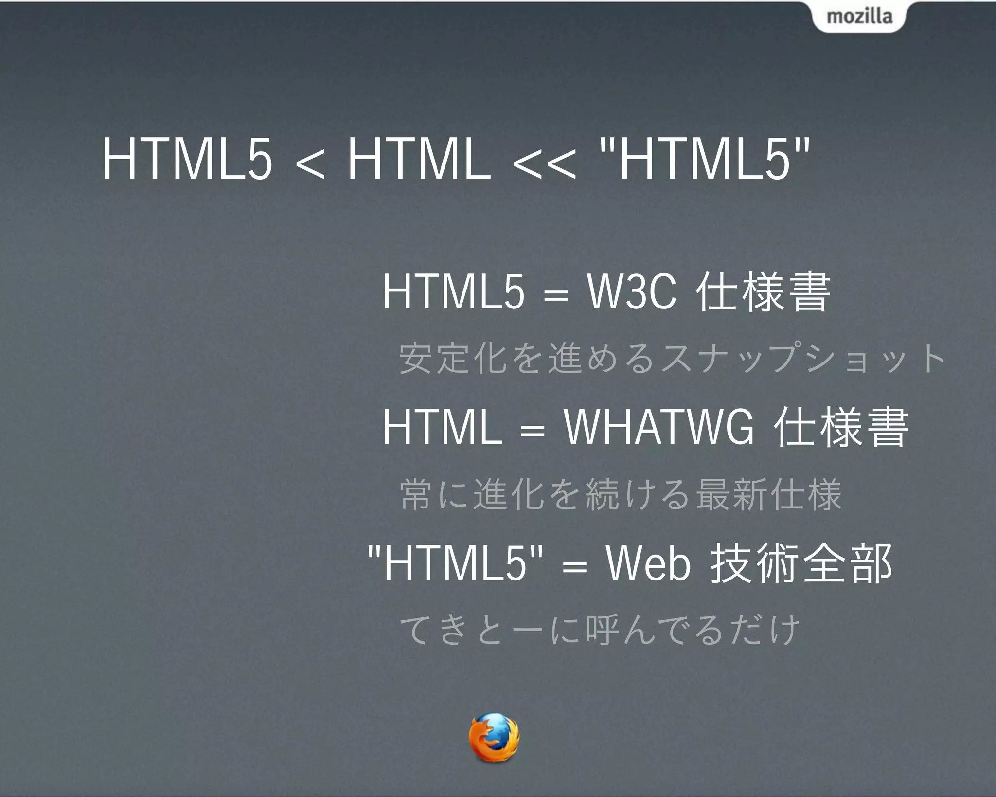 HTML5 < HTML << "HTML5"

         HTML5 = W3C 仕様書
         安定化を進めるスナップショット
         HTML = WHATWG 仕様書
         常に進化を続ける最新仕様
        "HTML5" = Web 技術全部
         てきとーに呼んでるだけ
 
