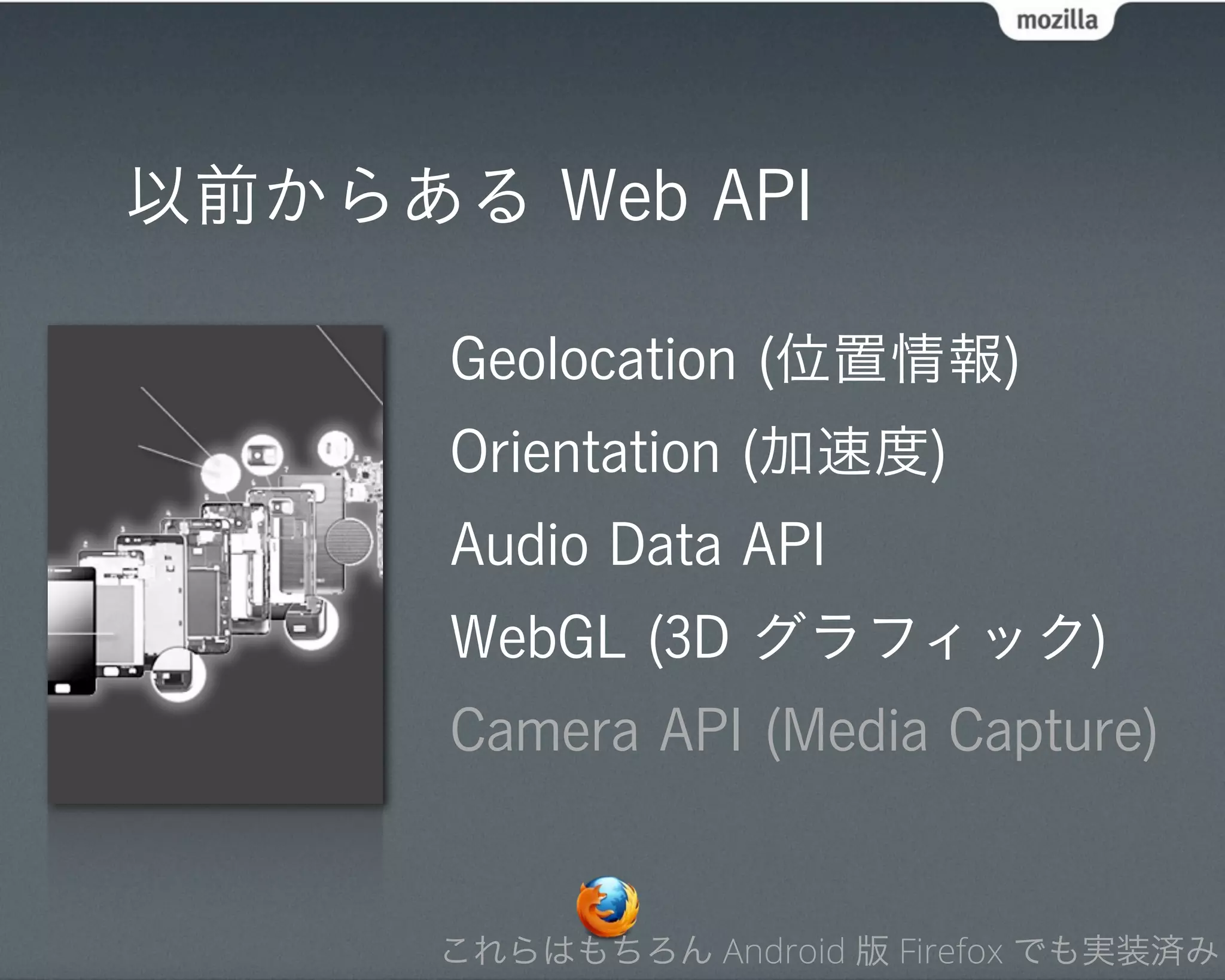 以前からある Web API

      Geolocation (位置情報)
      Orientation (加速度)
      Audio Data API
      WebGL (3D グラフィック)
      Camera API (Media Capture)


      これらはもちろん Android 版 Firefox でも実装済み
 