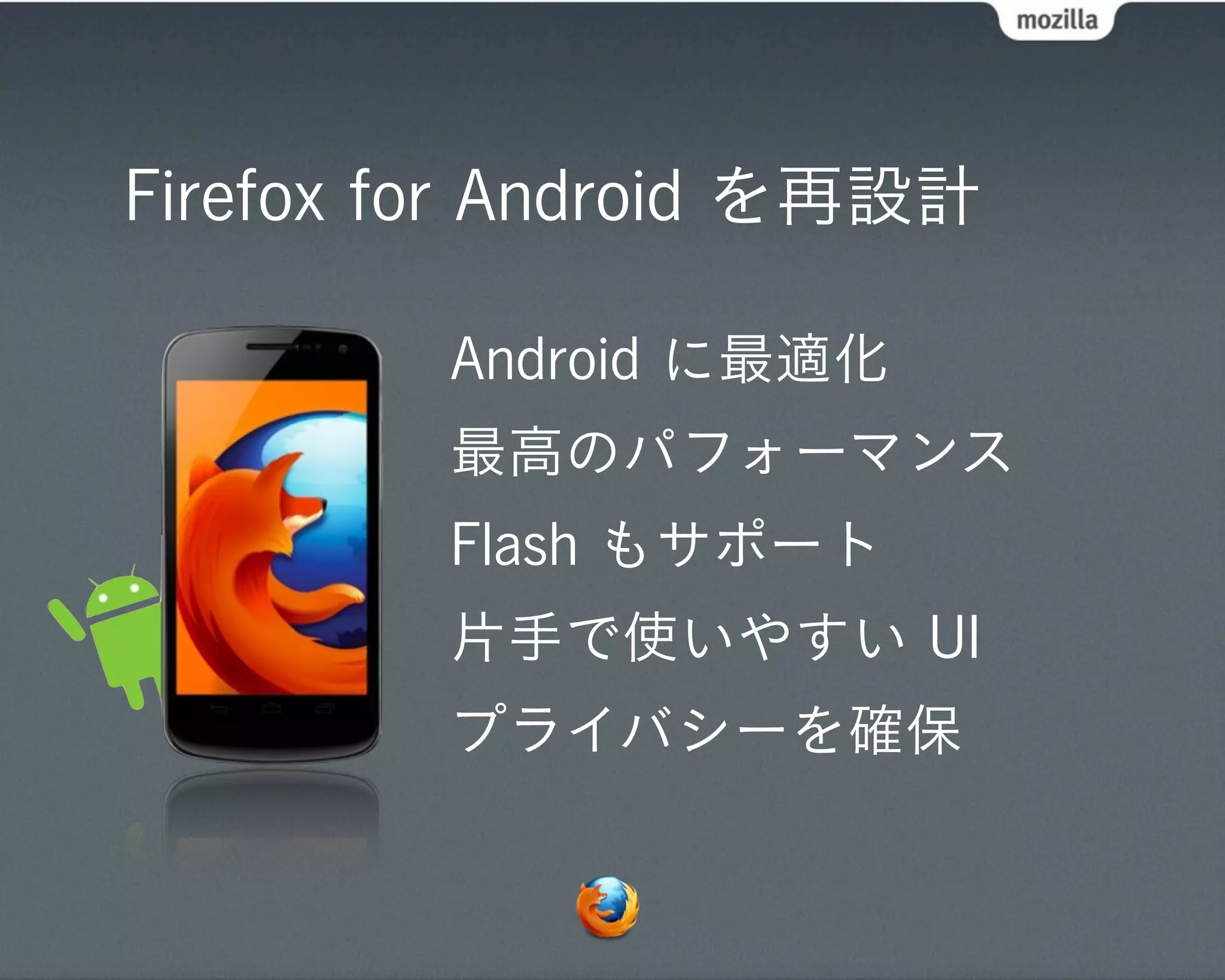 Firefox for Android を再設計

         Android に最適化
         最高のパフォーマンス
         Flash もサポート
         片手で使いやすい UI
         プライバシーを確保
 