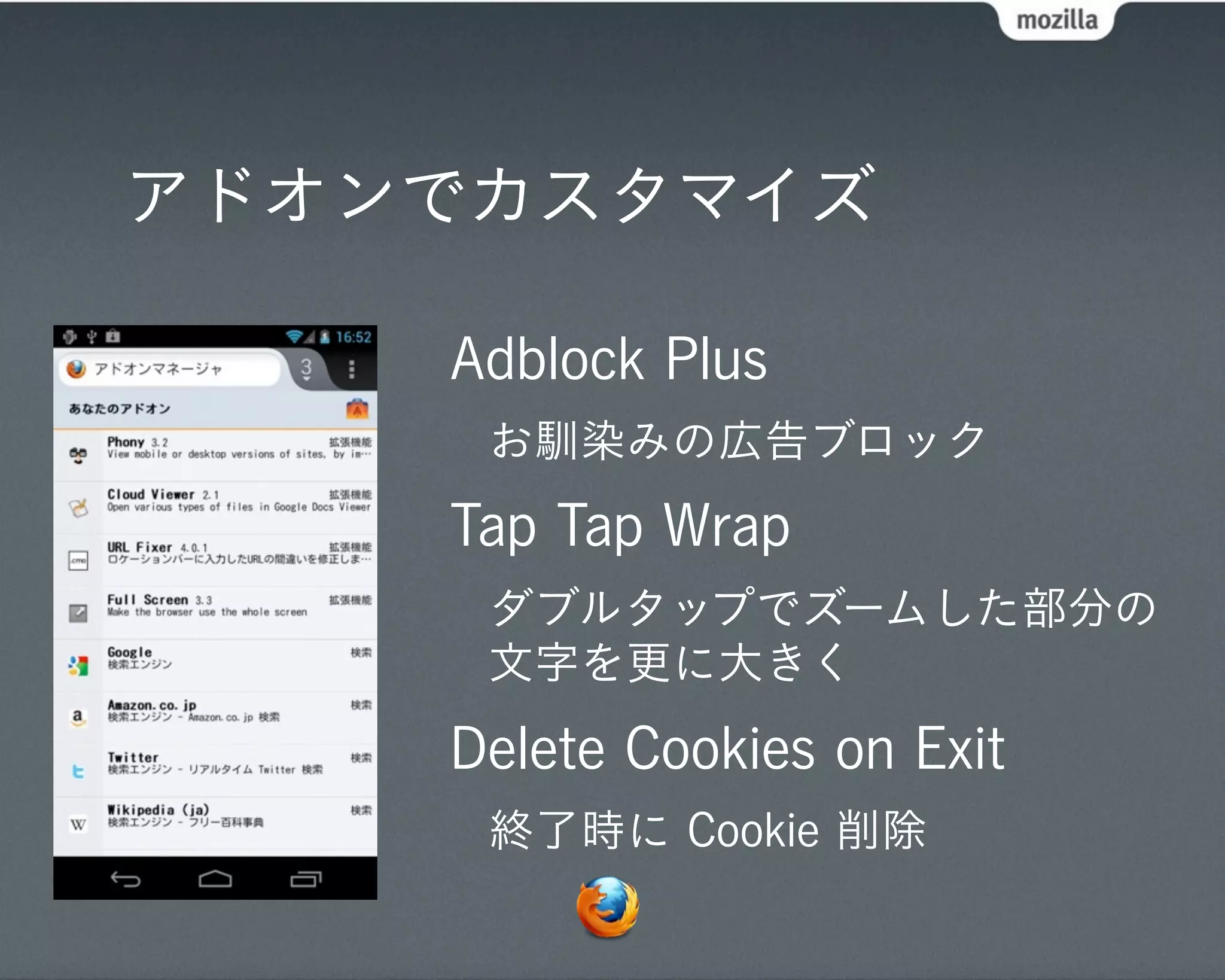 アドオンでカスタマイズ

    Adblock Plus
     お馴染みの広告ブロック
    Tap Tap Wrap
     ダブルタップでズームした部分の
     文字を更に大きく
    Delete Cookies on Exit
     終了時に Cookie 削除
 