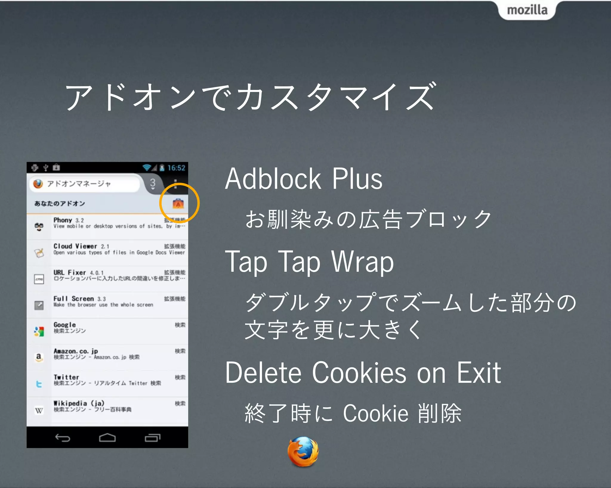 アドオンでカスタマイズ

    Adblock Plus
     お馴染みの広告ブロック
    Tap Tap Wrap
     ダブルタップでズームした部分の
     文字を更に大きく
    Delete Cookies on Exit
     終了時に Cookie 削除
 