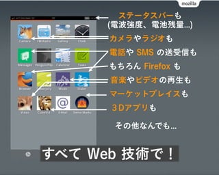 ステータスバーも
     (電波強度、電池残量...)
     カメラやラジオも
     電話や SMS の送受信も
     もちろん Firefox も
      音楽やビデオの再生も
     マーケットプレイスも
      ３Dアプリも

      その他なんでも...


すべて Web 技術で！
 
