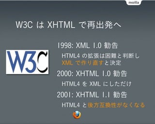 W3C は XHTML で再出発へ

      1998: XML 1.0 勧告
       HTML4 の拡張は困難と判断し
       XML で作り直すと決定
      2000: XHTML 1.0 勧告
       HTML4 を XML にしただけ
      2001: XHTML 1.1 勧告
       HTML4 と後方互換性がなくなる
 