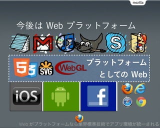 今後は Web プラットフォーム



               プラットフォーム
                 としての Web




Web がプラットフォームなら業界標準技術でアプリ環境が統一される
 