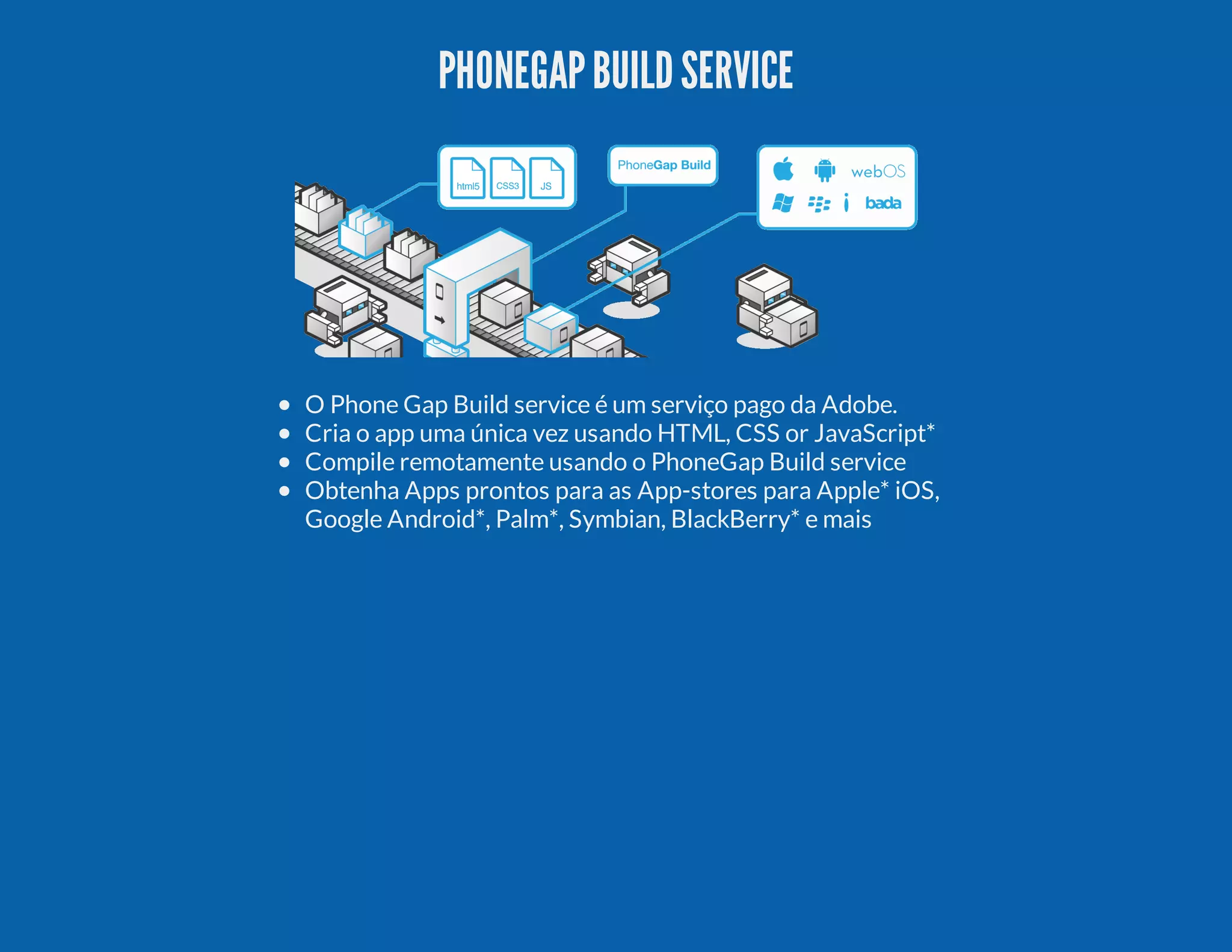 PHONEGAPBUILDSERVICE O Phone Gap Build service é um serviço pago da Adobe. Cria o app uma única vez usando HTML, CSS or JavaScript* Compile remotamente usando o PhoneGap Build service Obtenha Apps prontos para as App-stores para Apple* iOS, Google Android*, Palm*, Symbian, BlackBerry* e mais 