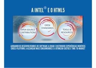 A INTEL
®
E O HTML5
AJUDANDO OS DESENVOLVEDORES DE SOFTWARE A CRIAR E DISTRIBUIR EXPERIÊNCIAS INCRÍVEIS
CROSS-PLATFORM, A ALCANÇAR MAIS CONSUMIDORES E A OTIMIZAR CUSTOS E TIME-TO-MARKET
 