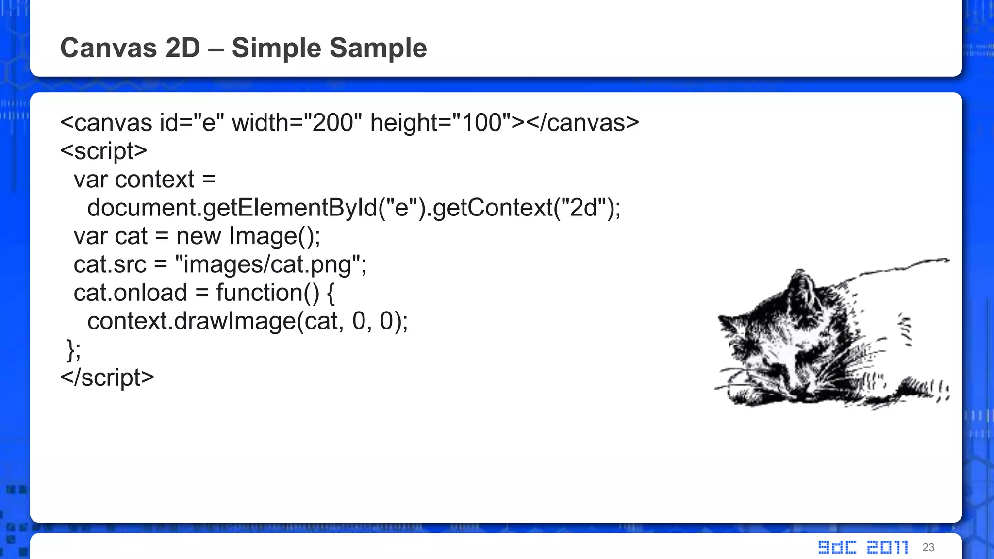 Canvas 2D – Simple Sample<canvas id="e" width="200" height="100"></canvas><script>  var context =document.getElementById("e").getContext("2d");  var cat = new Image();  cat.src = "images/cat.png";  cat.onload = function() {    context.drawImage(cat, 0, 0); };</script>23