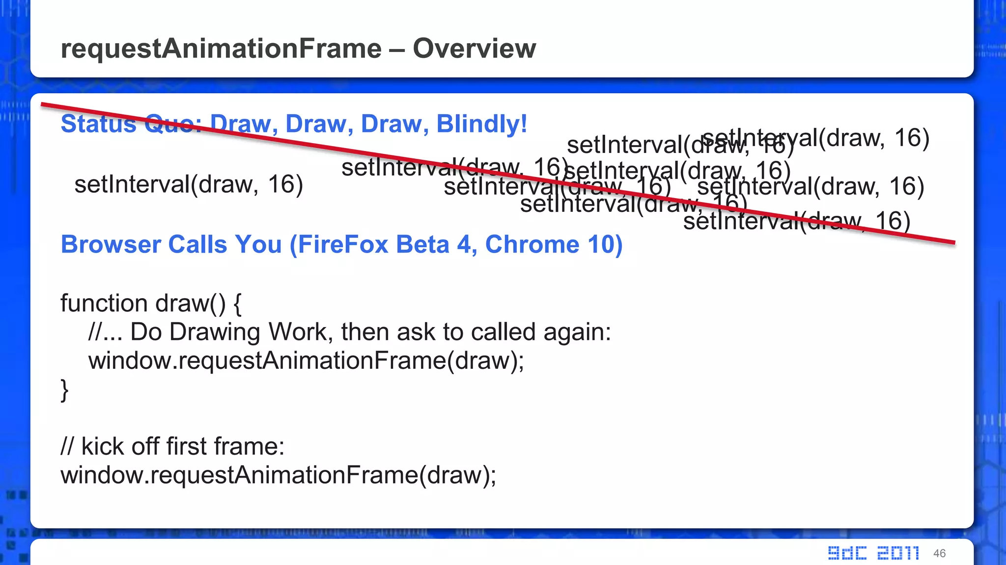 requestAnimationFrame – OverviewStatus Quo: Draw, Draw, Draw, Blindly! setInterval(draw, 16)Browser Calls You (FireFox Beta 4, Chrome 10)function draw() {    //... Do Drawing Work, then ask to called again:window.requestAnimationFrame(draw);}// kick off first frame:window.requestAnimationFrame(draw);46setInterval(draw, 16)setInterval(draw, 16)setInterval(draw, 16)setInterval(draw, 16)setInterval(draw, 16)setInterval(draw, 16)setInterval(draw, 16)setInterval(draw, 16)