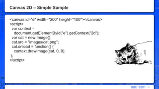Canvas 2D – Simple Sample<canvas id="e" width="200" height="100"></canvas><script>  var context =document.getElementById("e").getContext("2d");  var cat = new Image();  cat.src = "images/cat.png";  cat.onload = function() {    context.drawImage(cat, 0, 0); };</script>23