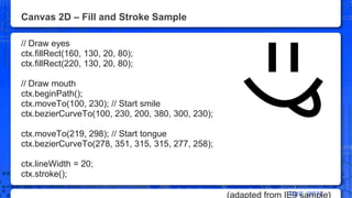 Canvas 2D – Fill and Stroke Sample// Draw eyesctx.fillRect(160, 130, 20, 80);ctx.fillRect(220, 130, 20, 80);// Draw mouthctx.beginPath();ctx.moveTo(100, 230); // Start smilectx.bezierCurveTo(100, 230, 200, 380, 300, 230);ctx.moveTo(219, 298); // Start tonguectx.bezierCurveTo(278, 351, 315, 315, 277, 258);ctx.lineWidth = 20;ctx.stroke();(adapted from IE9 sample)24
