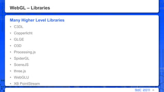 WebGL – LibrariesMany Higher Level LibrariesC3DLCopperlichtGLGEO3DProcessing.jsSpiderGLSceneJSthree.jsWebGLUXB PointStream36
