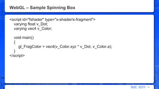WebGL – Sample Spinning Box<script id="fshader" type="x-shader/x-fragment">     varying float v_Dot;    varying vec4 v_Color;    void main()    {gl_FragColor = vec4(v_Color.xyz * v_Dot, v_Color.a);    }</script>40
