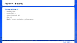 <audio> – Future2Web Audio APINode graphLow latencySpatialization, 3dReverbNative implementation performance61