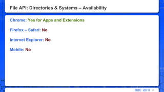 File API: Directories & Systems – AvailabilityChrome: Yes for Apps and ExtensionsFirefox – Safari: NoInternet Explorer: NoMobile: No85