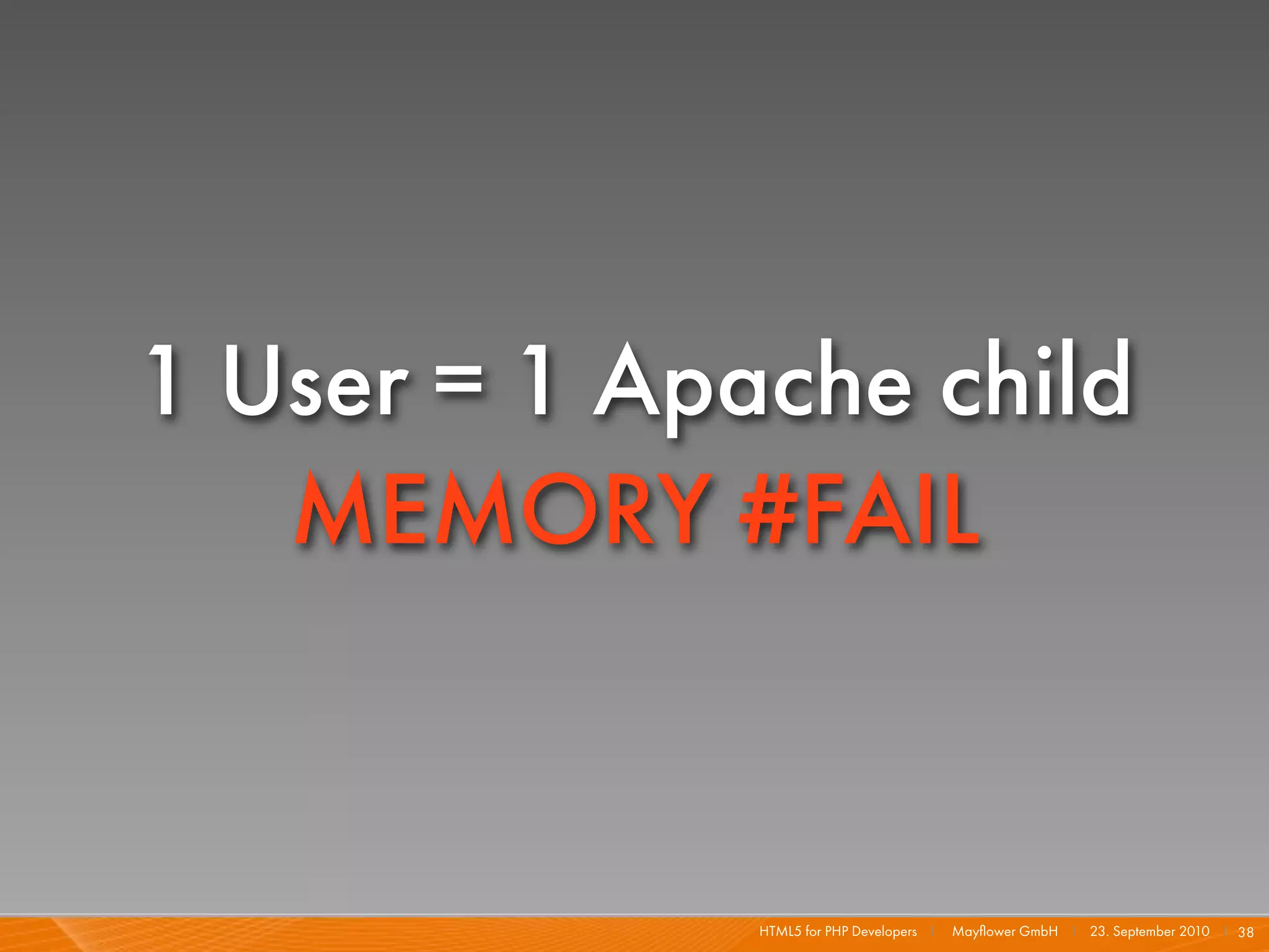 1 User = 1 Apache child
   MEMORY #FAIL


              HTML5 for PHP Developers I   Mayﬂower GmbH I 23. September 2010 I 38
 