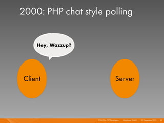 2000: PHP chat style polling


    Hey, Wazzup?




Client                                Server




                   HTML5 for PHP Developers I   Mayﬂower GmbH I 23. September 2010 I 35
 