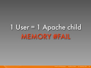 1 User = 1 Apache child
   MEMORY #FAIL


              HTML5 for PHP Developers I   Mayﬂower GmbH I 23. September 2010 I 38
 