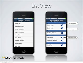 List View

                                         Grouping bar




                                          Index bar




                                        Disclosure icon




Wednesday, December 7, 11
 