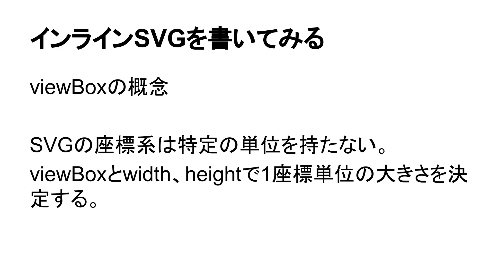 インラインSVGを書いてみる
viewBoxの概念
SVGの座標系は特定の単位を持たない。
viewBoxとwidth、heightで1座標単位の大きさを決
定する。
 