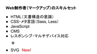 Web制作者（マークアップ）のスキルセット
● HTML（文書構造の意識）
● CSS・メタ言語（Sass, Less）
● JavaScript
● CMS
● レスポンシブ・マルチデバイス対応
　　+
● SVG　New!
 