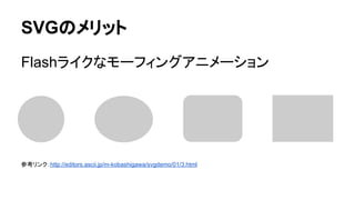 SVGのメリット
Flashライクなモーフィングアニメーション
参考リンク：http://editors.ascii.jp/m-kobashigawa/svgdemo/01/3.html
 