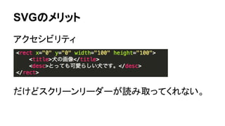 SVGのメリット
アクセシビリティ
だけどスクリーンリーダーが読み取ってくれない。
 