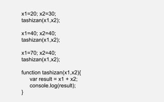 x1=20; x2=30;
tashizan(x1,x2);
x1=40; x2=40;
tashizan(x1,x2);
x1=70; x2=40;
tashizan(x1,x2);
function tashizan(x1,x2){
var result = x1 + x2;
console.log(result);
}
 