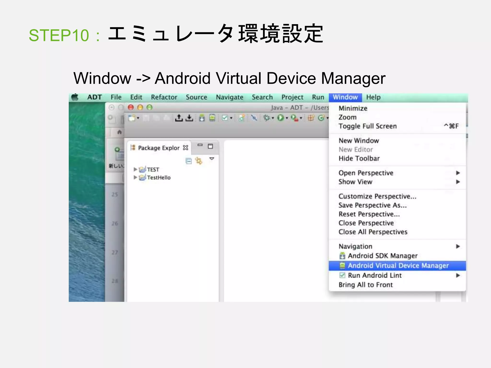 STEP10 : エミュレータ環境設定
Window -> Android Virtual Device Manager
 