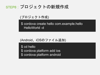 STEP8 : プロジェクトの新規作成
$ cordova create hello com.example.hello
HelloWorld -d
(プロジェクト作成)
$ cd hello
$ cordova platform add ios
$ cordova platform android
(Android、iOSのファイル追加)
 