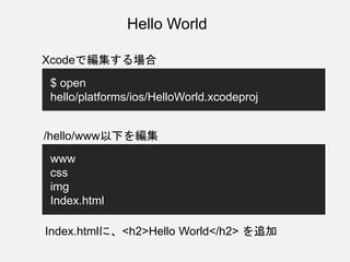 Hello World
Xcodeで編集する場合
$ open
hello/platforms/ios/HelloWorld.xcodeproj
www
css
img
Index.html
/hello/www以下を編集
Index.htmlに、<h2>Hello World</h2> を追加
 