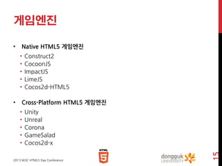 게임엔진
Native HTML5 게임엔진
•
•
•
•
•
•

Construct2
CocoonJS
ImpactJS
LimeJS
Cocos2d-HTML5

Cross-Platform HTML5 게임엔진
•
•
•
•
•

Unity
Unreal
Corona
GameSalad
Cocos2d-x

2013 W3C HTML5 Day Conference

15

•

 