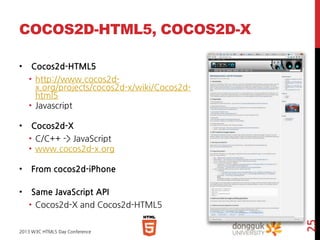 COCOS2D-HTML5, COCOS2D-X
•

Cocos2d-HTML5
• http://www.cocos2dx.org/projects/cocos2d-x/wiki/Cocos2dhtml5
• Javascript

•

Cocos2d-X
• C/C++ -> JavaScript
• www.cocos2d-x.org

•

From cocos2d-iPhone

•

Same JavaScript API

2013 W3C HTML5 Day Conference

25

• Cocos2d-X and Cocos2d-HTML5

 