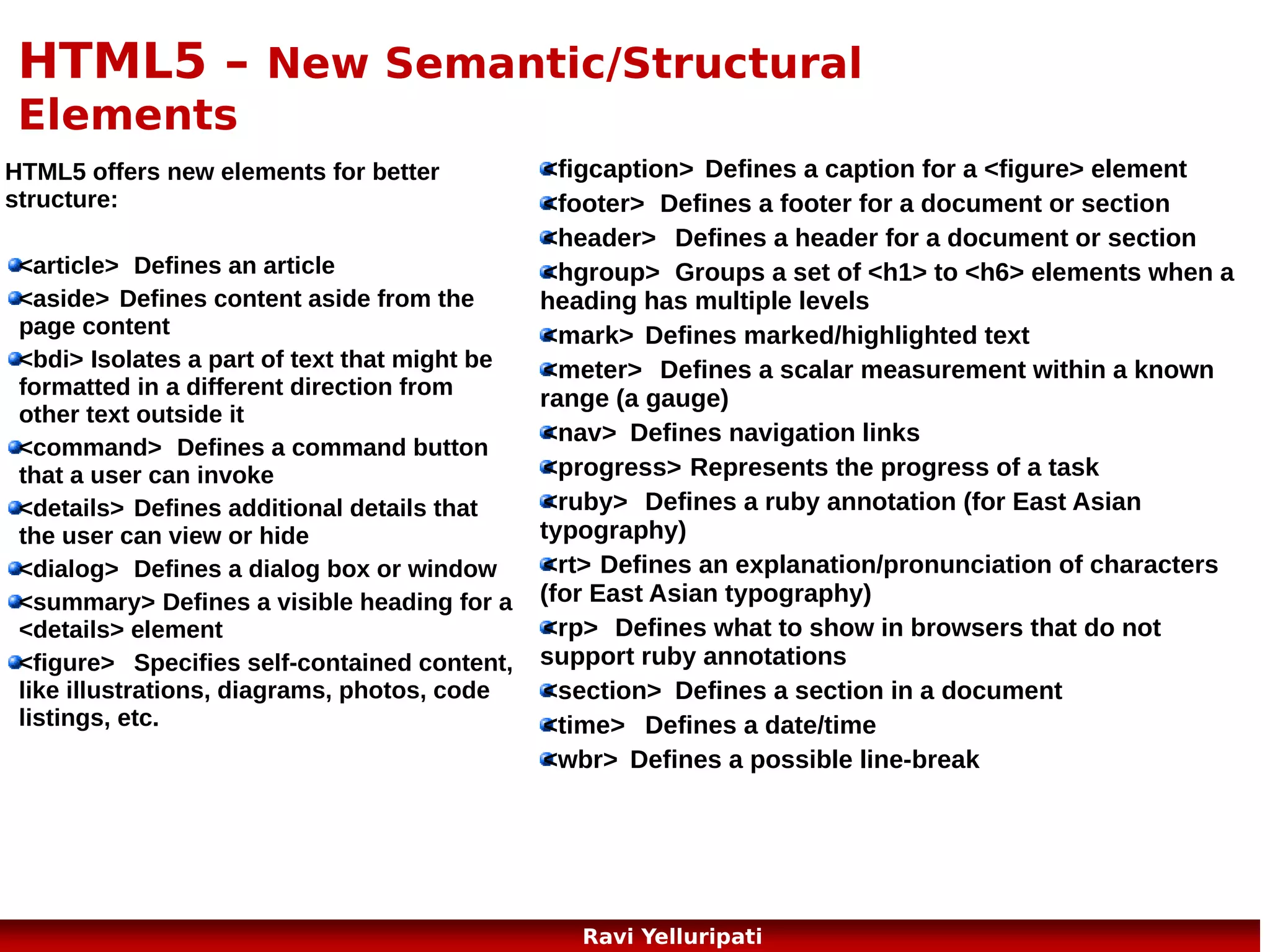 HTML5 - SVG
What is SVG?
SVG stands for Scalable Vector Graphics
SVG is used to define vector-based graphics for the Web
SVG defines the graphics in XML format
SVG graphics do NOT lose any quality if they are zoomed or resized
Every element and every attribute in SVG files can be animated
SVG is a W3C recommendation
Advantages of using SVG over other image formats (like JPEG and GIF) are:
SVG images can be created and edited with any text editor
SVG images can be searched, indexed, scripted, and compressed
SVG images are scalable
SVG images can be printed with high quality at any resolution
SVG images are zoomable (and the image can be zoomed without
degradation)

10
Ravi Yelluripati

 