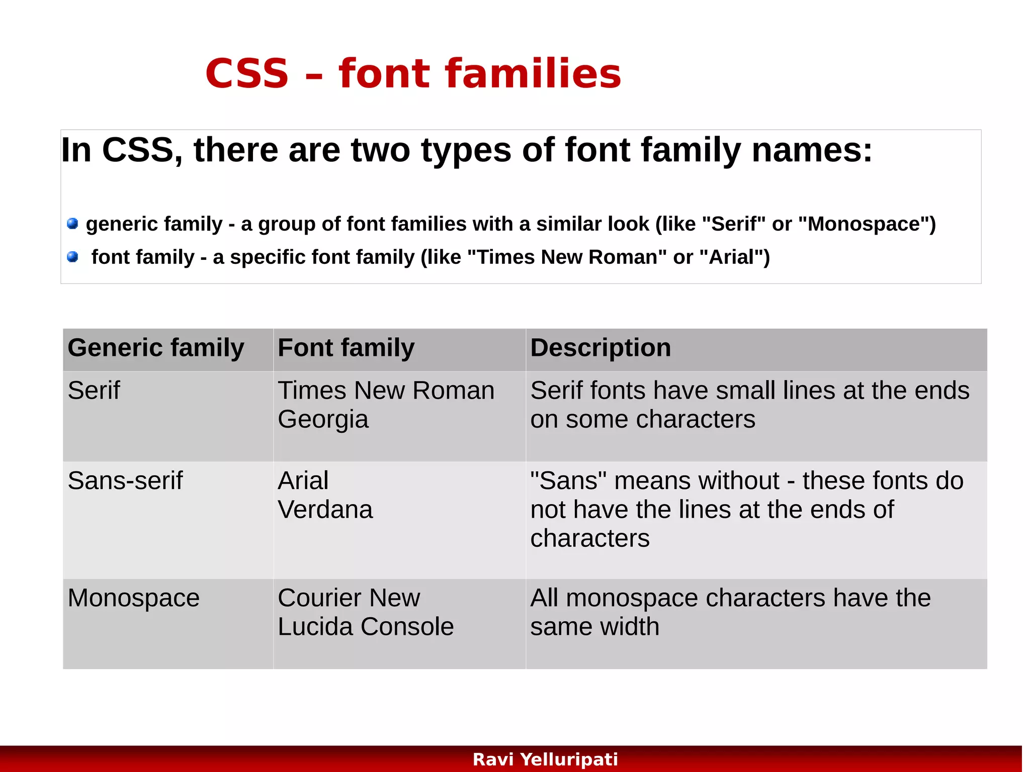CSS3 – reference

Use the following link to see all the features
of CSS including the CSS version 3.....

http://www.w3schools.com/cssref/default.asp

Use the following link to see all the selectors of
CSS.....
http://www.w3schools.com/cssref/css_selectors.asp
53
Ravi Yelluripati

 