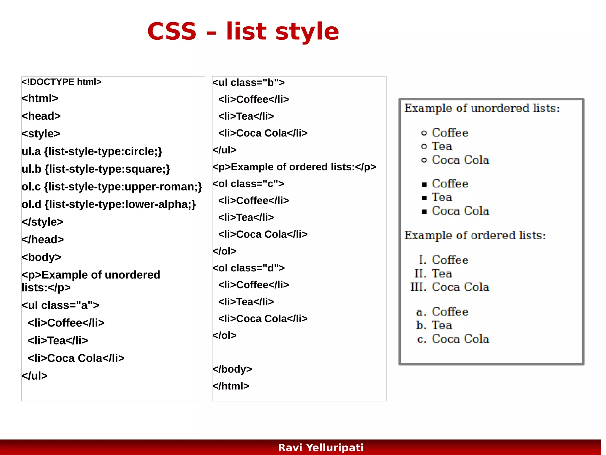 CSS – box model
All HTML elements can be considered as boxes.
In CSS, the term "box model" is used when
talking about design and layout.

54
Ravi Yelluripati

 