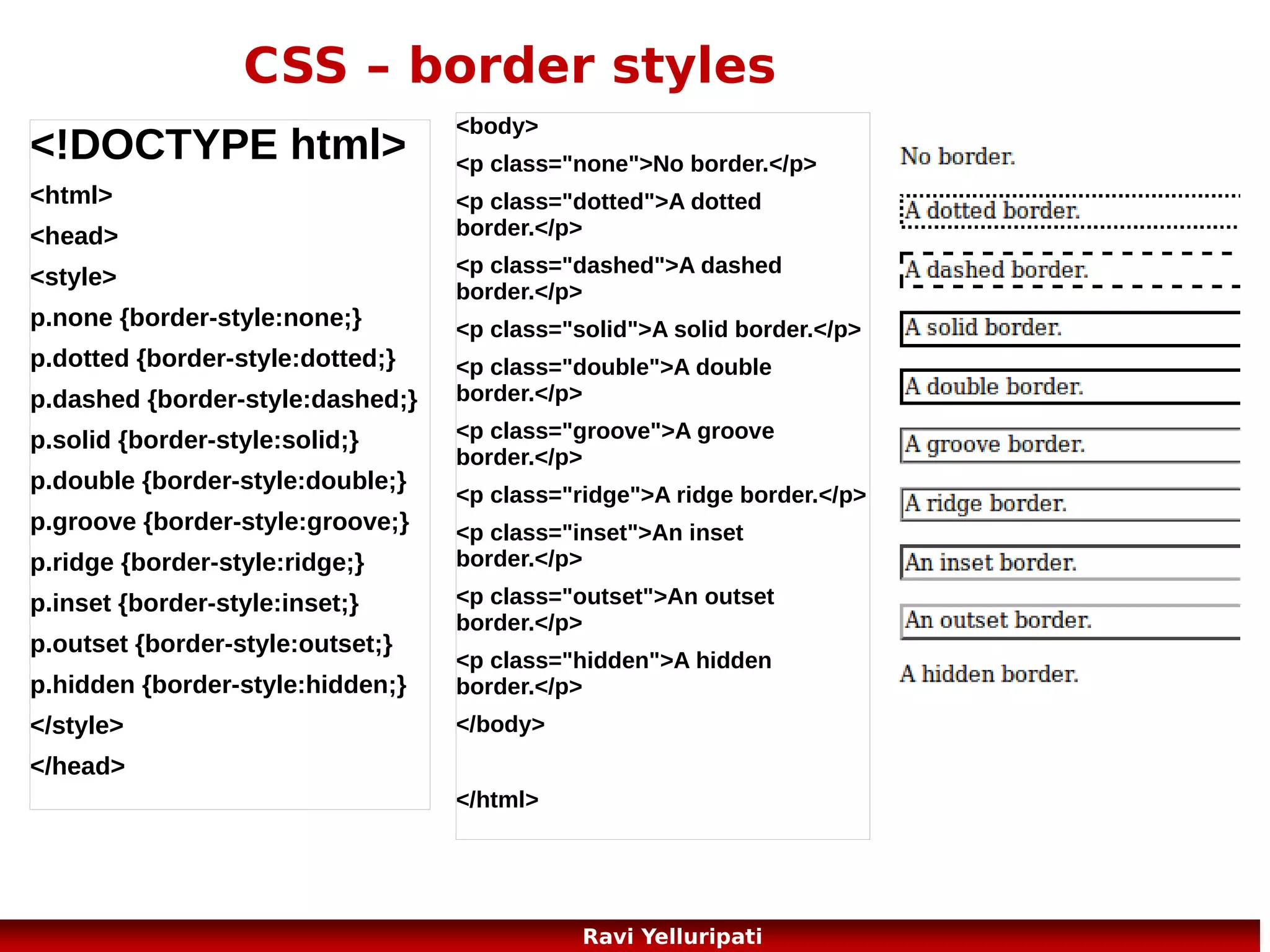CSS – positioning

The CSS positioning properties allow you
to position an element.
Static Positioning
Fixed Positioning
Relative Positioning
Absolute Positioning
Overlapping Elements
Examples: http://www.w3schools.com/css/css_positioning.asp
59
Ravi Yelluripati

 
