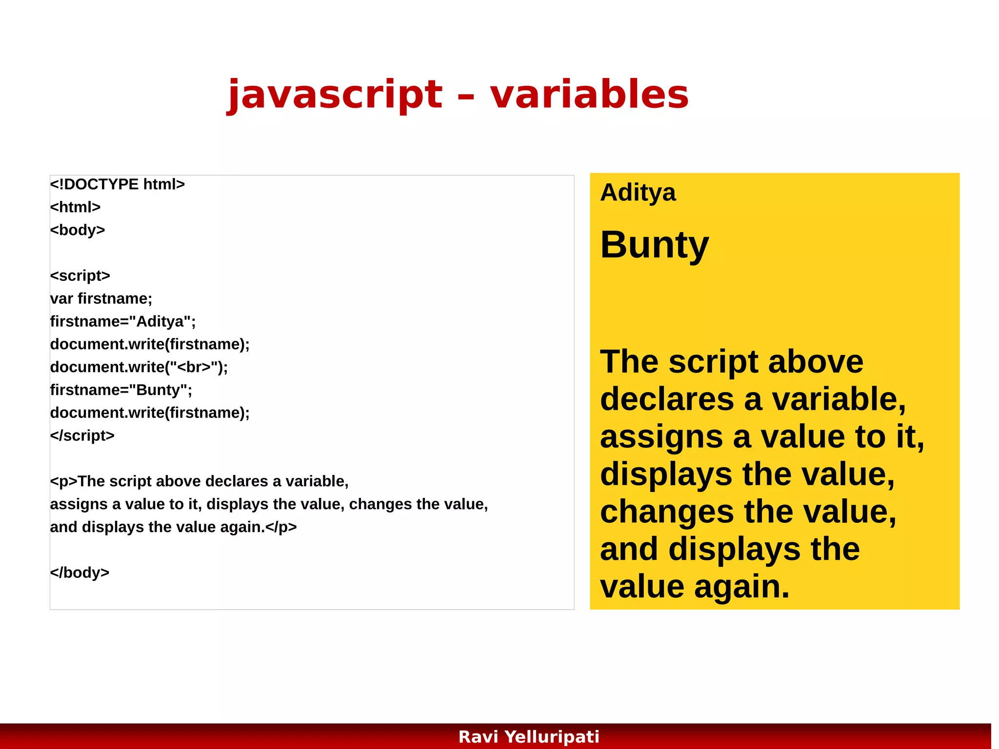 javascript – events
'onclick' is an event as shown below
Try It function
<button onclick="myFunction('Harry
Potter','Wizard')">Try it</button>
<script>
function myFunction(name,job)
{
alert("Welcome " + name + ", the " + job);
return (“thanks for visiting my page”);
}
</script>

70
Ravi Yelluripati

 