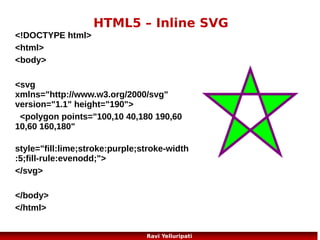 HTML5 - Geolocation
The HTML5 Geolocation API is used to get the geographical position
of a user.
Since this can compromise user privacy, the position is not available
unless the user approves it.
<script>
var x=document.getElementById("demo");
function getLocation()
{
if (navigator.geolocation)
{
navigator.geolocation.getCurrentPosition(showPosition);
}
else{x.innerHTML="Geolocation is not
supported by this browser.";}
}
function showPosition(position)
{
x.innerHTML="Latitude: " + position.coords.latitude +
"<br>Longitude: " + position.coords.longitude;
}
</script>

15
Ravi Yelluripati

 