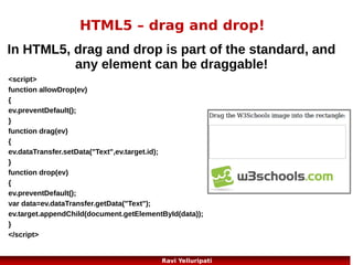 HTML5 – new input types
HTML5 has several new input types for forms. These new features allow
better input control and validation.
Color
date
Datetime datetime-local
Email
month
number range
search
tel
time
url
week

<form action="demo_form.asp">
Select your favorite color: <input type="color"
name="favcolor"><br>
<input type="submit">
</form>
18
Ravi Yelluripati

 