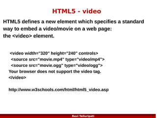 HTML5 – keygen
The purpose of the <keygen> element is to provide a secure way to authenticate users.
The <keygen> tag specifies a key-pair generator field in a form.
When the form is submitted, two keys are generated, one private and one public.
The private key is stored locally, and the public key is sent to the server. The public key could be
used to generate a client certificate to authenticate the user in the future.

<!DOCTYPE html>
<html>
<body>
<form action="demo_keygen.asp" method="get">
Username: <input type="text" name="usr_name">
Encryption: <keygen name="security">
<input type="submit">
</form>
</body>
</html>

20
Ravi Yelluripati

 