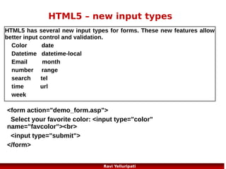 HTML5 – semantic elements
A semantic element clearly describes its meaning to both the browser
and the developer.
Examples of non-semantic elements: <div> and <span> - Tells nothing about its content.
Examples of semantic elements: <form>, <table>, and <img> - Clearly defines its content.

HTML5 offers new semantic elements to clearly define different
parts of a web page:
<header>
Other elements ...
<nav>
<section>
<article>
<article>
<hgroup>
<aside>
<mark>
<figcaption>
<time>
<figure>
<footer>
22
Ravi Yelluripati

 