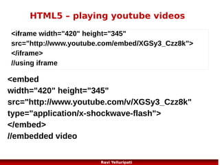 What is CSS?

Styles define how to display HTML elements
Styles were added to HTML 4.0 to solve a problem
External Style Sheets can save a lot of work
External Style Sheets are stored in CSS files

38
Ravi Yelluripati

 