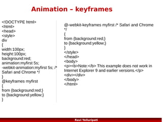 HTML5 – new tags
The New <canvas> Element
<canvas> Used to draw graphics, on the fly, via scripting (usually JavaScript)

New Media Elements
<audio> Defines sound content
<video> Defines a video or movie
<source> Defines multiple media resources for <video> and <audio>
<embed> Defines a container for an external application or interactive content (a plug-in)
<track> Defines text tracks for <video> and <audio>

New Form Elements
<datalist> Specifies a list of pre-defined options for input controls
<keygen> Defines a key-pair generator field (for forms)
<output> Defines the result of a calculation

5
Ravi Yelluripati

 