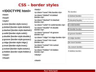 CSS – positioning

The CSS positioning properties allow you
to position an element.
Static Positioning
Fixed Positioning
Relative Positioning
Absolute Positioning
Overlapping Elements
Examples: http://www.w3schools.com/css/css_positioning.asp
59
Ravi Yelluripati

 