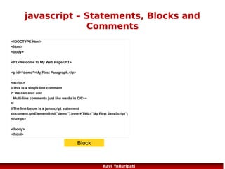 javascript – functions
Here is a function with arguments and a return
value
Try It function
<button onclick="myFunction('Harry
Potter','Wizard')">Try it</button>
<script>
function myFunction(name,job)
{
alert("Welcome " + name + ", the " + job);
return (“thanks for visiting my page”);
}
</script>

69
Ravi Yelluripati

 