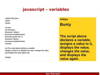 javascript – events
'onclick' is an event as shown below
Try It function
<button onclick="myFunction('Harry
Potter','Wizard')">Try it</button>
<script>
function myFunction(name,job)
{
alert("Welcome " + name + ", the " + job);
return (“thanks for visiting my page”);
}
</script>

70
Ravi Yelluripati

 
